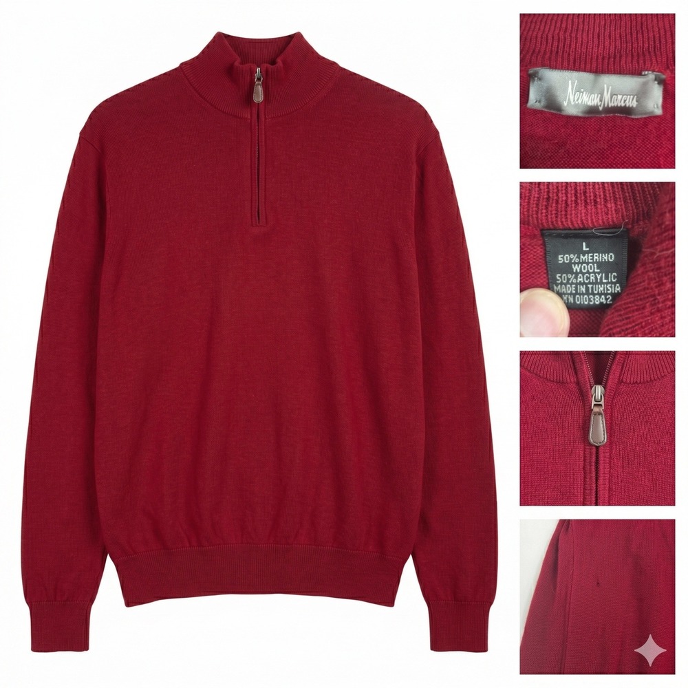 Neiman Marcus Merino Wool Sweater Mens Large Red Quarter Zip Pullover Flaw‎ Hole